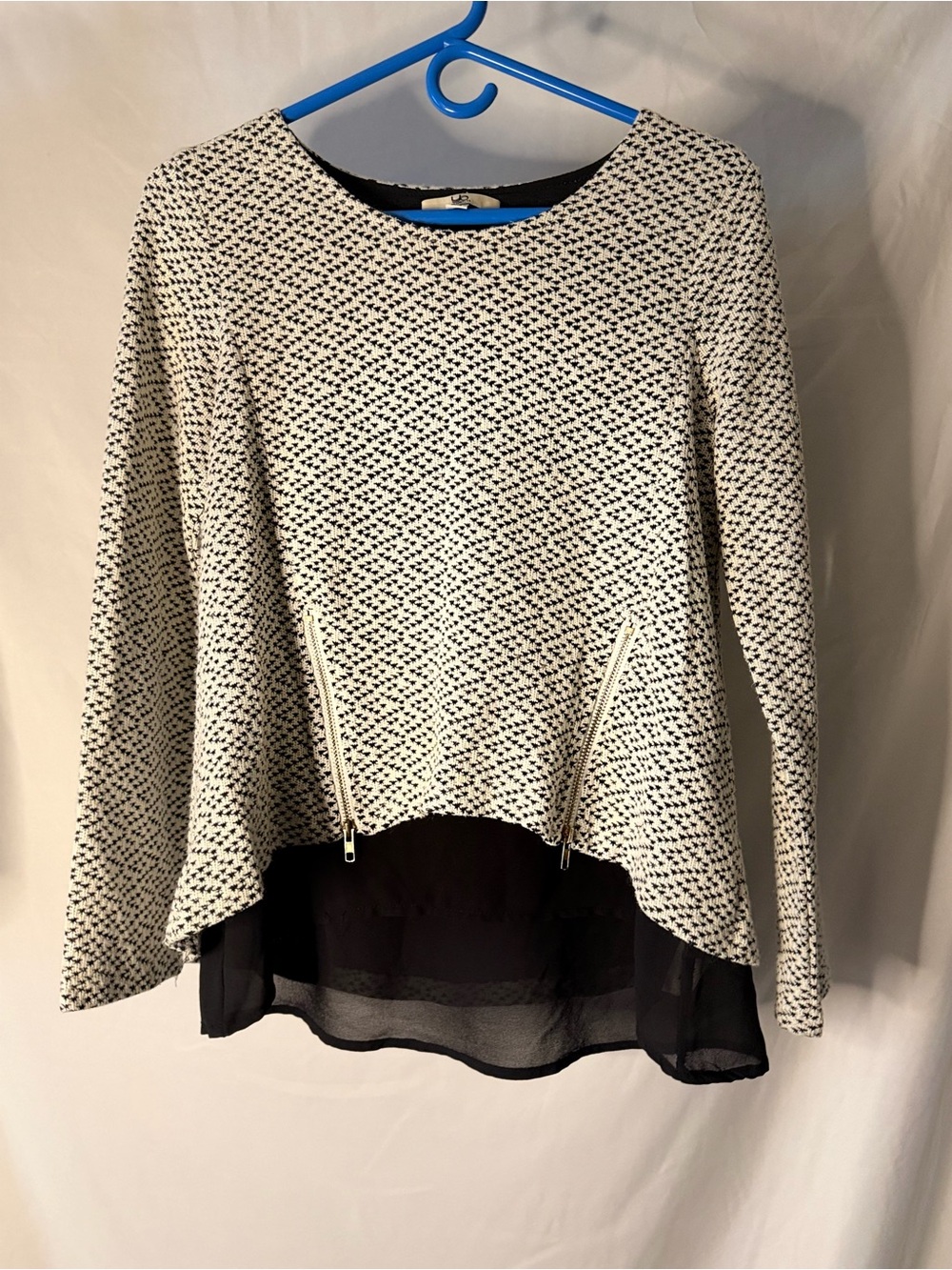 Ya Los Angeles Black and White Textured Layered-Hem Crewneck Sweater